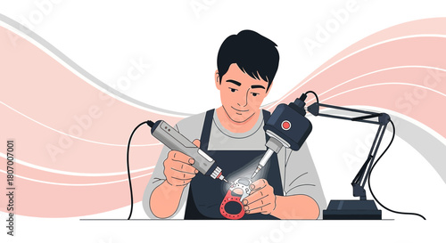 Illustration of a man crafting with meticulous precision under focused lighting conditions