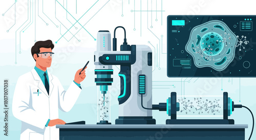 Illustration of a scientist analyzing cellular structures with advanced technology for