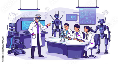 Illustration of a robotics class with students, professor, and various robot models in a tech lab