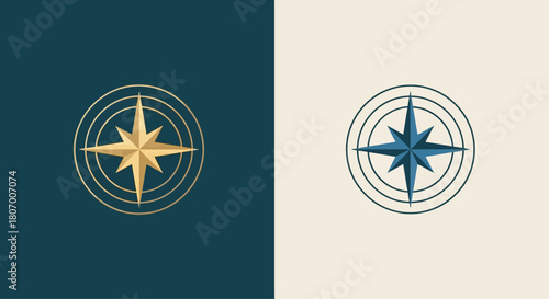 Two elegant compass rose logos, one gold on teal and one blue on cream, with concentric circles.