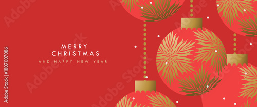 Christmas banner, greeting card, holiday cover, poster. Red and gold background with baubles and snowflakes. Abstract trendy vector illustration