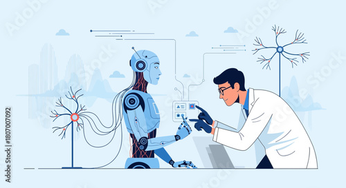 Illustration of a scientist programming a humanoid robot with neuronal network integration