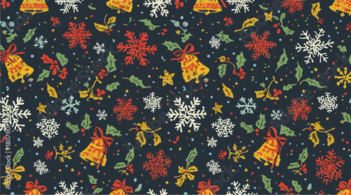 Vector template featuring a vibrant and colorful Christmas pattern with hand-drawn winter holiday elements, including snowflakes, holly leaves, and bells