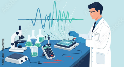 Illustration showcasing scientific research with advanced technology and analysis apparatus in a