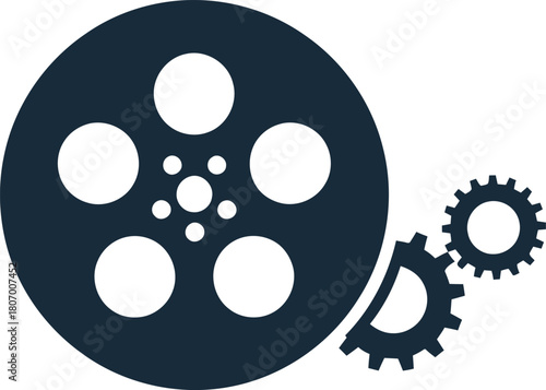 Illustration of cinema machine logo isolated on, film reel and gears concept