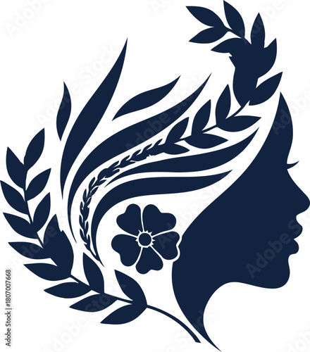 Illustration of elegant woman silhouette logo with floral and leaf design