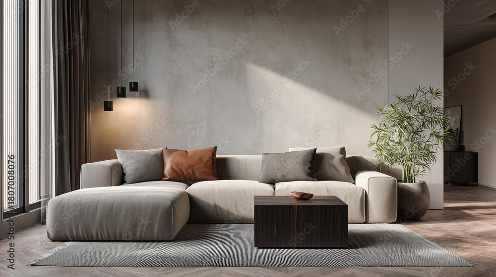 Fototapeta premium The living room features a minimalist modern style, a sofa, and cement gray walls.