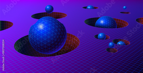 Retro-futuristic 80s grid landscape with geometric spheres in polygonal holes, vintage synthwave and science fiction art