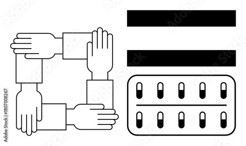 Linked hands symbolize unity, equal sign represents equity, and blister pack depicts healthcare or medicine access. Ideal for teamwork, healthcare, equality, fairness, community, unity
