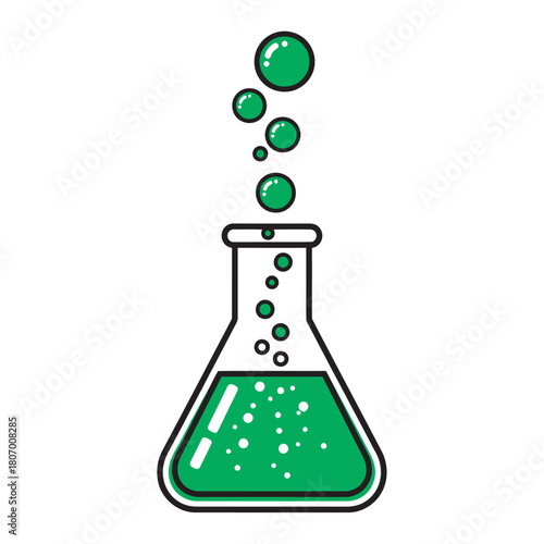 A cartoon illustration of a chemistry flask with green liquid and bubbles rising upwards.