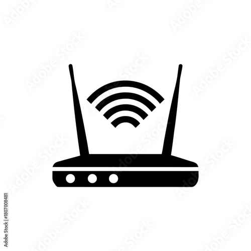 Black router with antenna and signal on transparent background silhouette