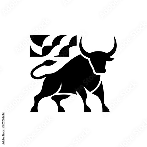 Stylized black bull with pattern box on transparent background silhouette