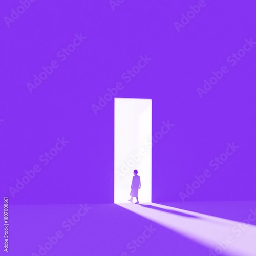 Man walking toward glowing doorway in dark minimal space, symbolizing new opportunities, challenges, and transformative change