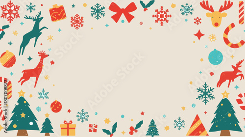 Vector illustration template featuring Christmas elements with a flat design style, incorporating vibrant colors and bold shapes, including iconic symbols