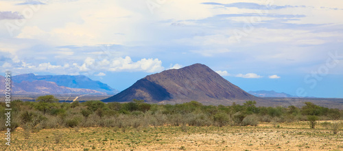Panoramic view of the landscape of the Namib-Naukluft National Park. This national park in Namibia encompasses parts of the Namib Desert and the Naukluft Mountains. Namibia, Africa.