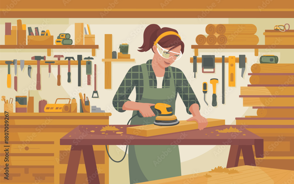 Fototapeta premium Flat vector illustration of a woman sanding wood in a workshop
