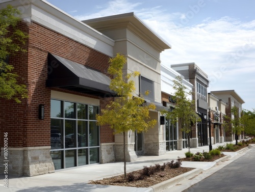 A clear, sunny day reveals modern retail stores with stylish architecture. Sidewalks lined with trees provide a welcoming atmosphere for shoppers. A sense of community fills the air