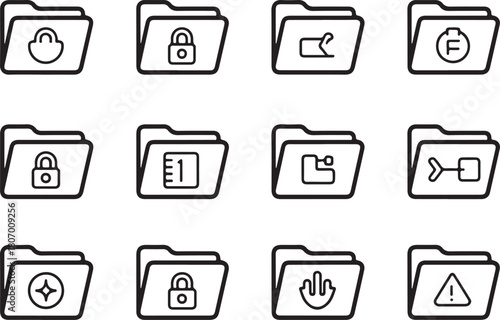 Folder security, safety of digital file management line art icon set. Flat black color editable line vector illustration