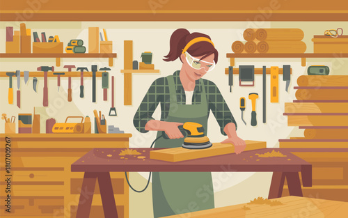 Flat vector illustration of a woman sanding wood in a workshop