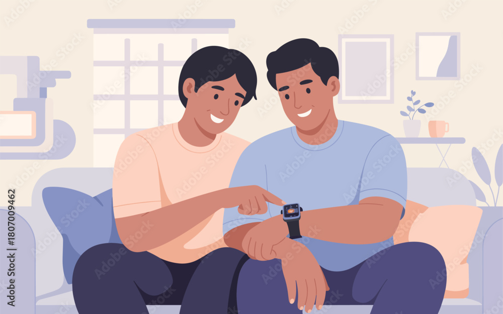 Obraz premium Young couple looking at smartwatch together on couch