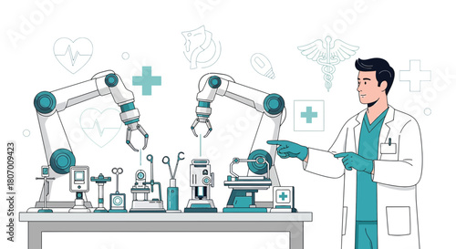 Innovative medical robotics: Doctor overseeing advanced procedures with robotic arms in a