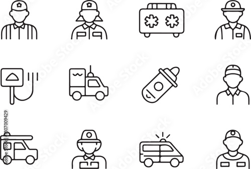 First responder of emergency services line art icon set. Flat black color editable line vector illustration