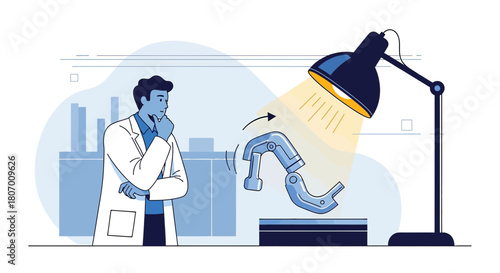 Innovative Robotic Arm Design Being Analyzed by a Researcher in a Brightly Lit Lab