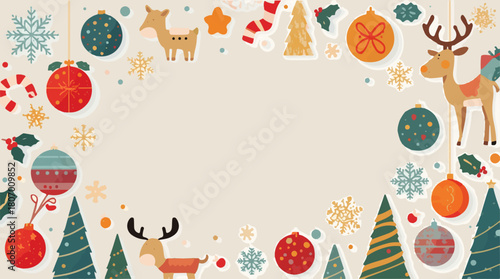 Vector illustration template featuring Christmas elements with a flat design style, incorporating vibrant colors and bold shapes, including iconic symbols 