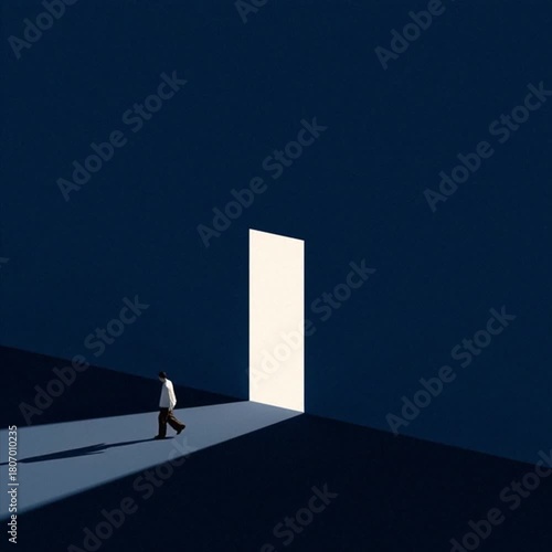 Mysterious woman walking toward glowing doorway in darkness, symbolizing hesitation or refusal to embrace change and opportunity