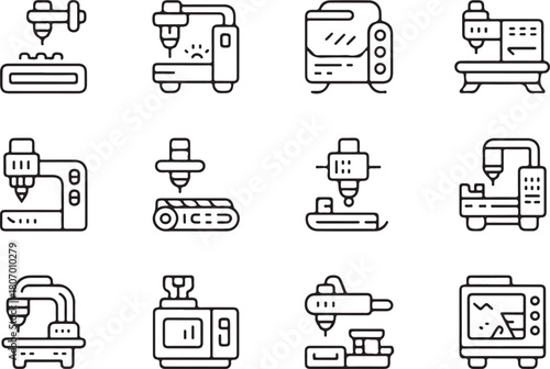 Machine and factory engine of manufacturing industry line art icon set. Flat black color editable line vector illustration