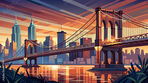 Very beautiful close-up scene of the Brooklyn Bridge at dusk, featuring warm evening light, detailed suspension cables, gentle reflections over the river, and the New York City skyline softly glowing 