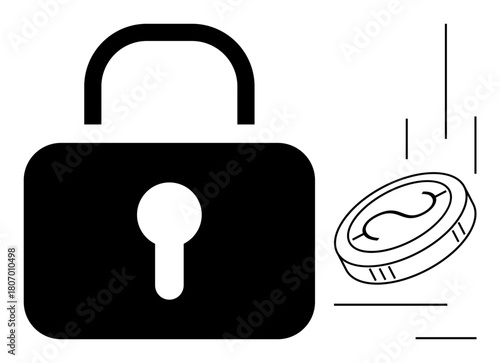 Lock representing security and a falling coin symbolizing finance and transactions. Ideal for cybersecurity, e-commerce, fintech, online safety, encryption, data protection, trust. Minimalist flat