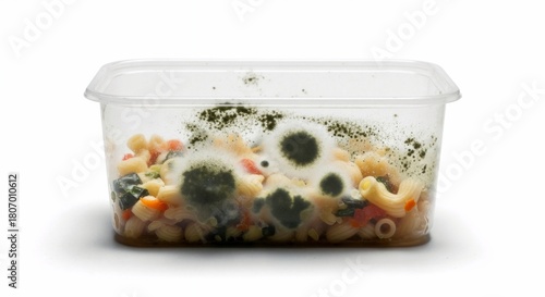 Moldy leftover pasta in a transparent plastic container. Spoiled and rotten food with green fungus growing. Food waste and decay concept isolated on white background