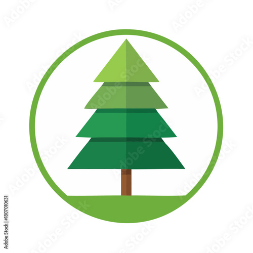 A simple, stylized green pine tree icon with a brown trunk, enclosed within a circular frame on a white background.