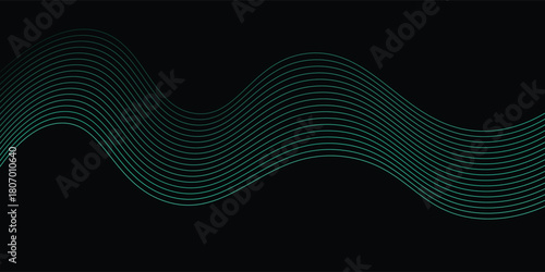 Abstract background with waves for banner. Web banner size. Vector background with lines. Element for design isolated on black. Blue and black gradient. Night, ocean