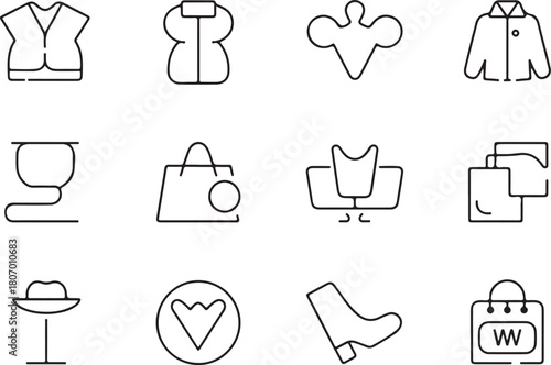 Modern style trends of shopping and fashion line art icon set. Flat black color editable line vector illustration