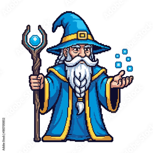 A pixelated illustration of a wise wizard with a long white beard, holding a staff and conjuring magic.