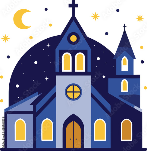 church with a starry  night-sky  white background