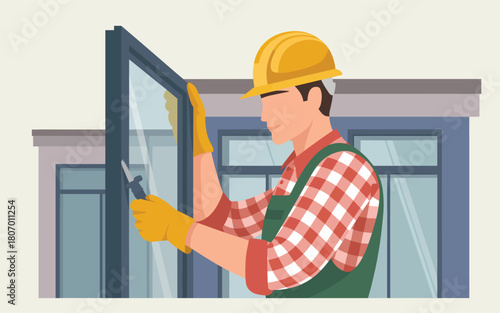 Construction worker installing a window on a building exterior