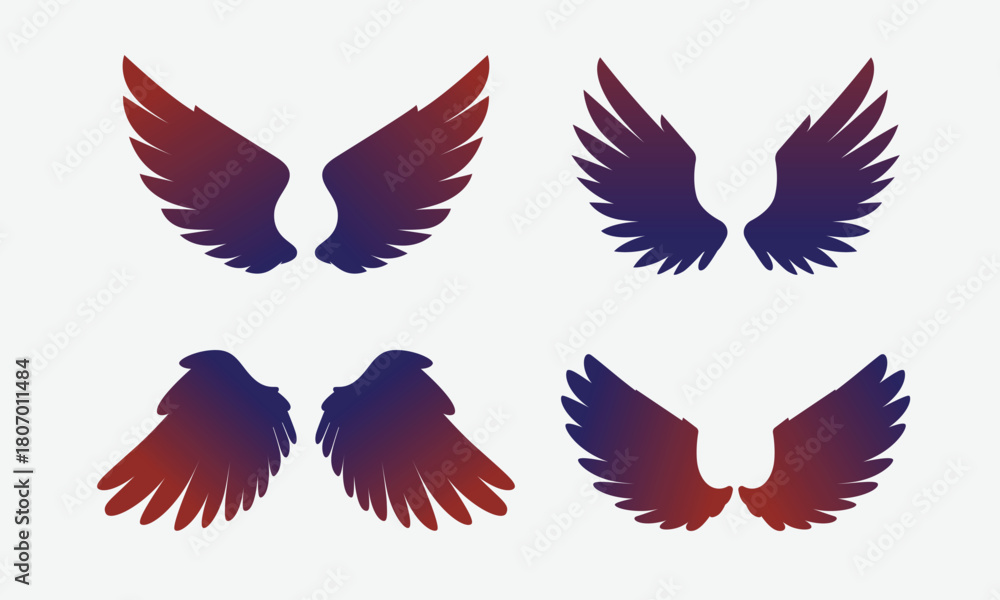 Fototapeta premium Four pairs of wings in gradient colors, isolated on a white background.