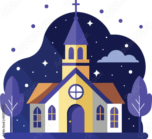 church with a starry  night-sky  white background