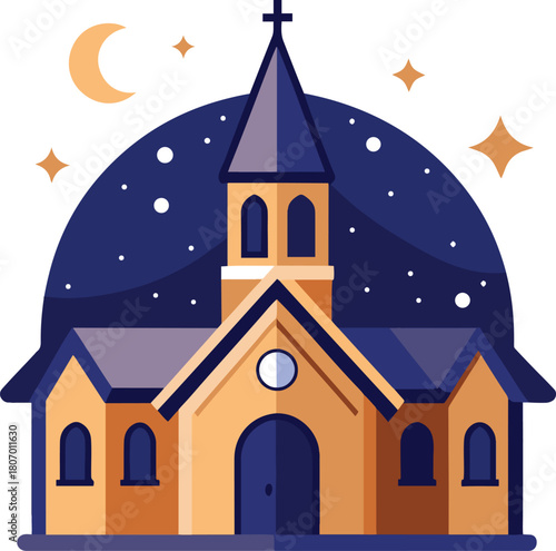 church with a starry  night-sky  white background