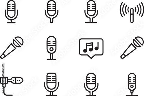 Podcast mic, microphone of audio and music line art icon set. Flat black color editable line vector illustration