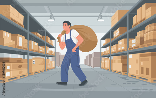 Warehouse worker carrying a large sack over shoulder in a storage facility