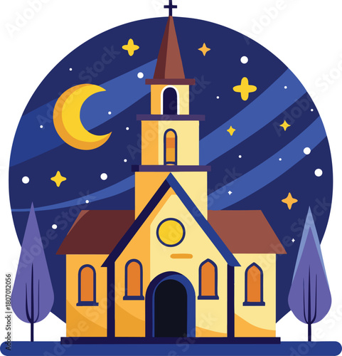 church with a starry  night-sky  white background