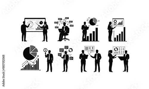 Diverse data analyst poses with charts and graphs representing business analytics and data visualization isolated on white background silhouette