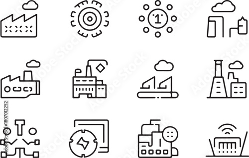 Smart and digital equipment manufacturing industry line art icon set. Flat black color editable line vector illustration