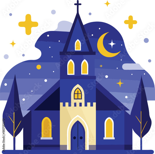 church with a starry  night-sky  white background