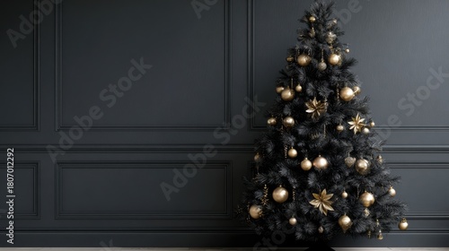 Beautiful black Christmas tree adorned with gold ornaments in a moody, dimly lit room during the holiday season
