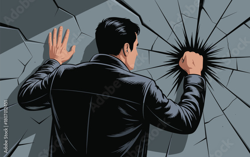 Man breaks through a cracked wall with a fist in a bold flat vector illustration